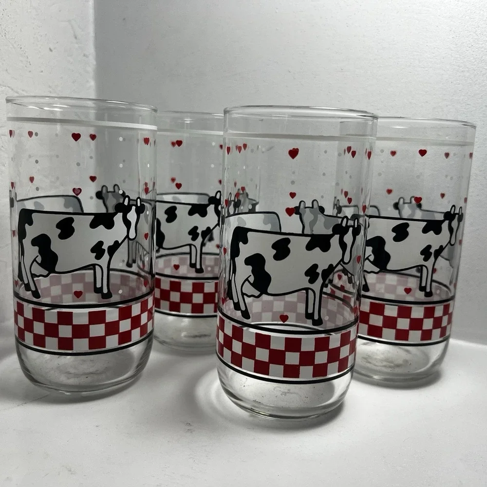 Vtg Libbey Cow Tumblers, Red White Checker Heart/Cow  Glasses Set Of 4 Farmhouse